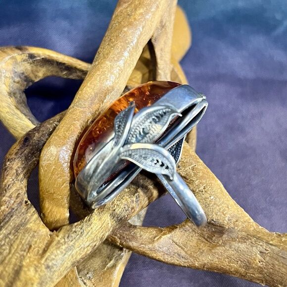 Vintage Large 925 Sterling Silver & Amber Ring Size 7.25 - Picture 4 of 12